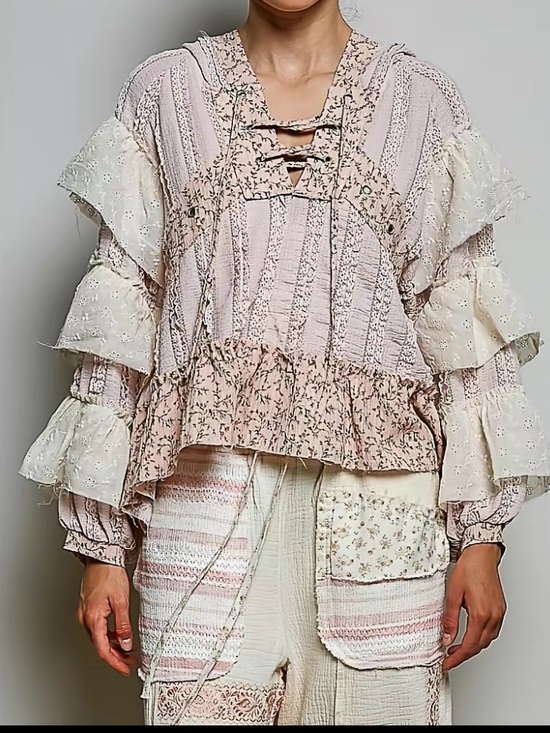 POL Tops - POL Boho Ruffle Lace & Floral Hoodie Peasant Top